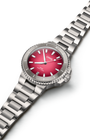 Oris Aquis Date Taste of Summer watch with a gradient sunrise pink dial and stainless-steel bracelet on a white background