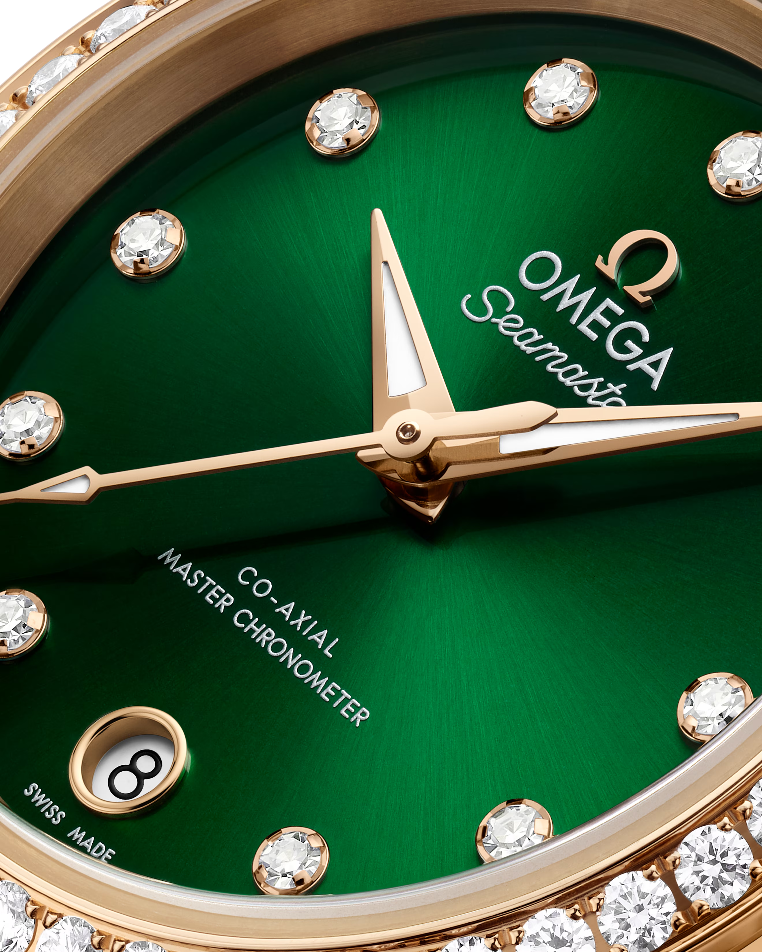 OMEGA Seamaster Aqua Terra 150M 30mm, Moonshine™ gold on Moonshine™ gold Watch, with a Diamond Bezel and Green Dial with Diamond Markers on a Moonshine™ gold integrated bracelet.