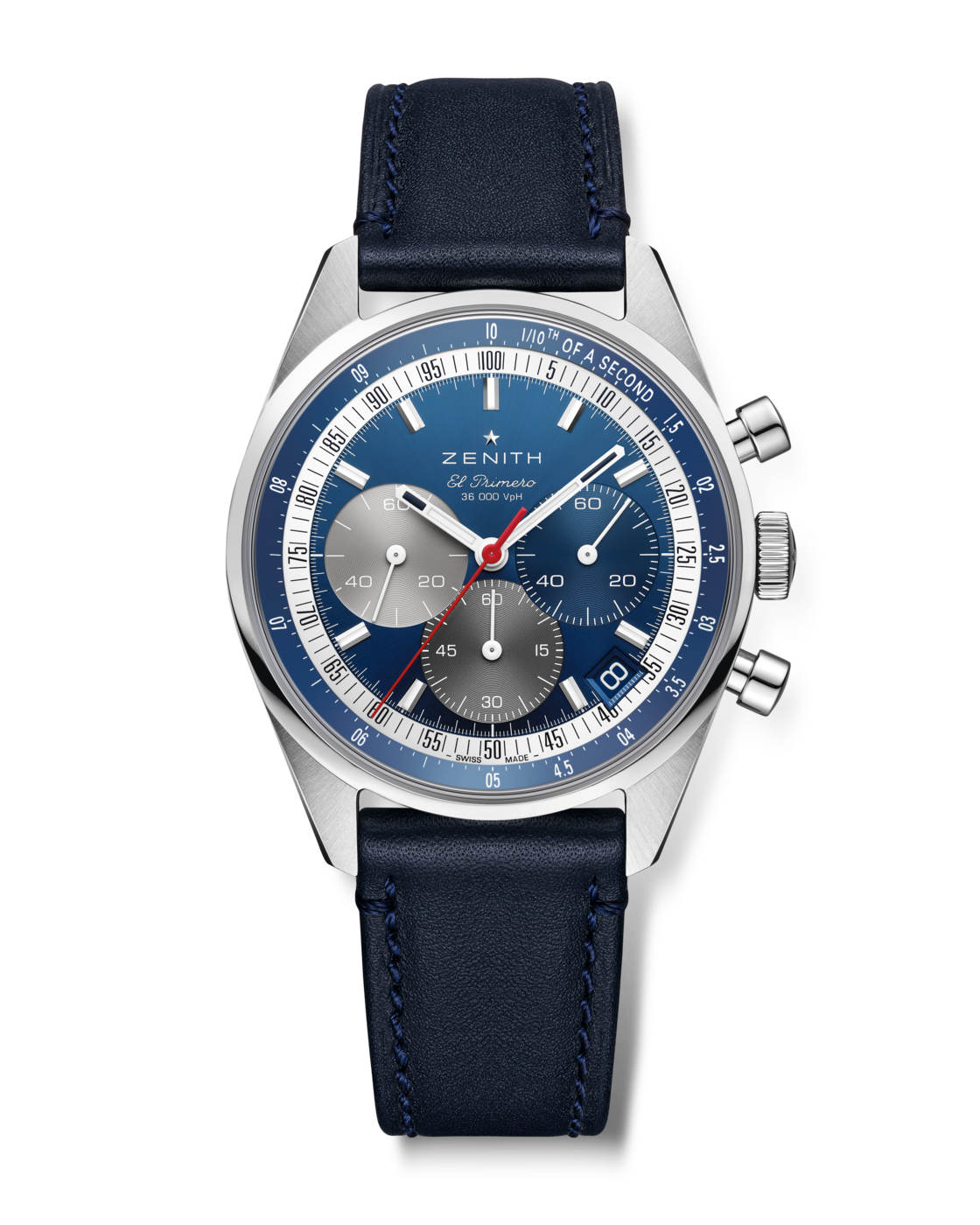 The Zenith Chronomaster Original is a chronograph wristwatch featuring a blue dial, silver subdials, and a blue leather strap.