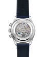 Back view of the Zenith Chronomaster Original luxury watch, displaying intricate gears and a blue leather strap.