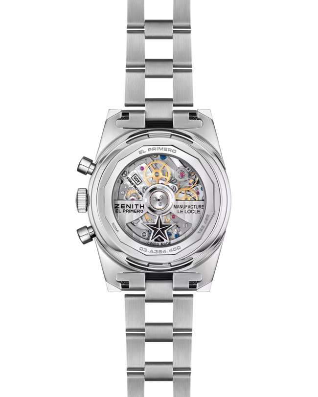 Silver Zenith watch with visible brand name on a white background