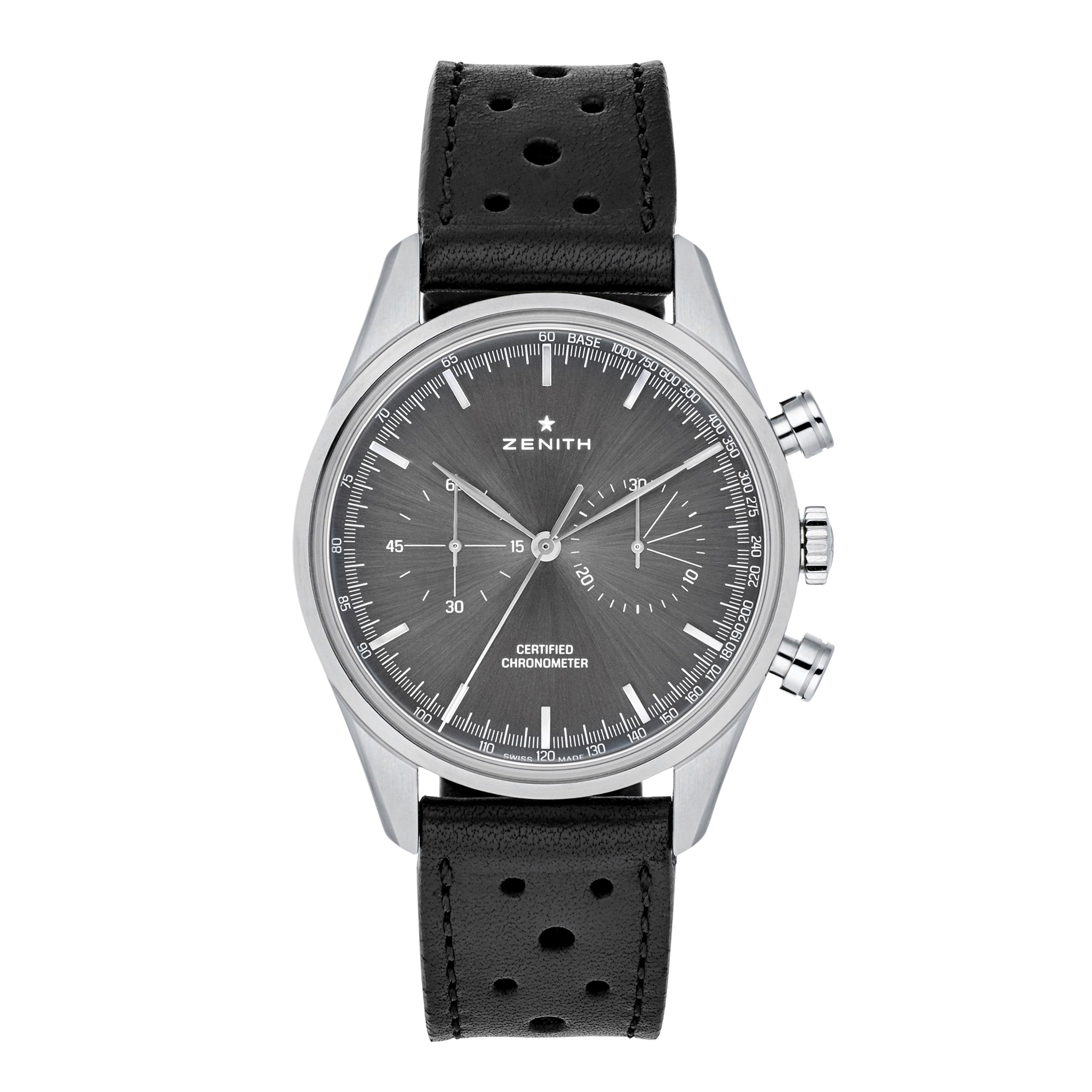 Zenith El Primero Limited Edition For Hodinkee chronograph watch with a black textured dial and black perforated leather strap by Zenith.