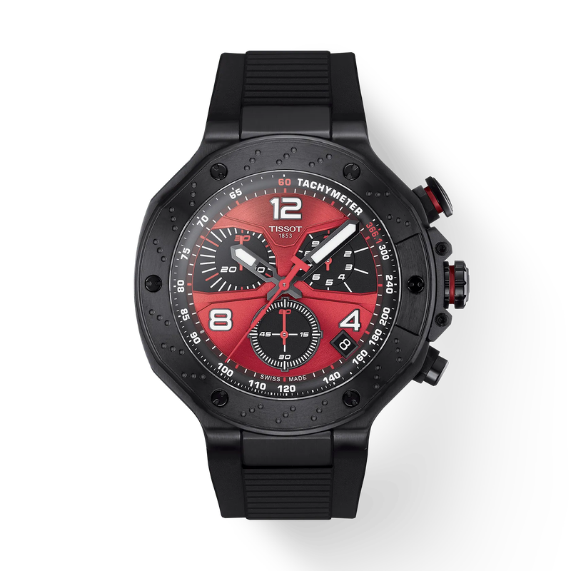 Black and red Tissot watch on a white background