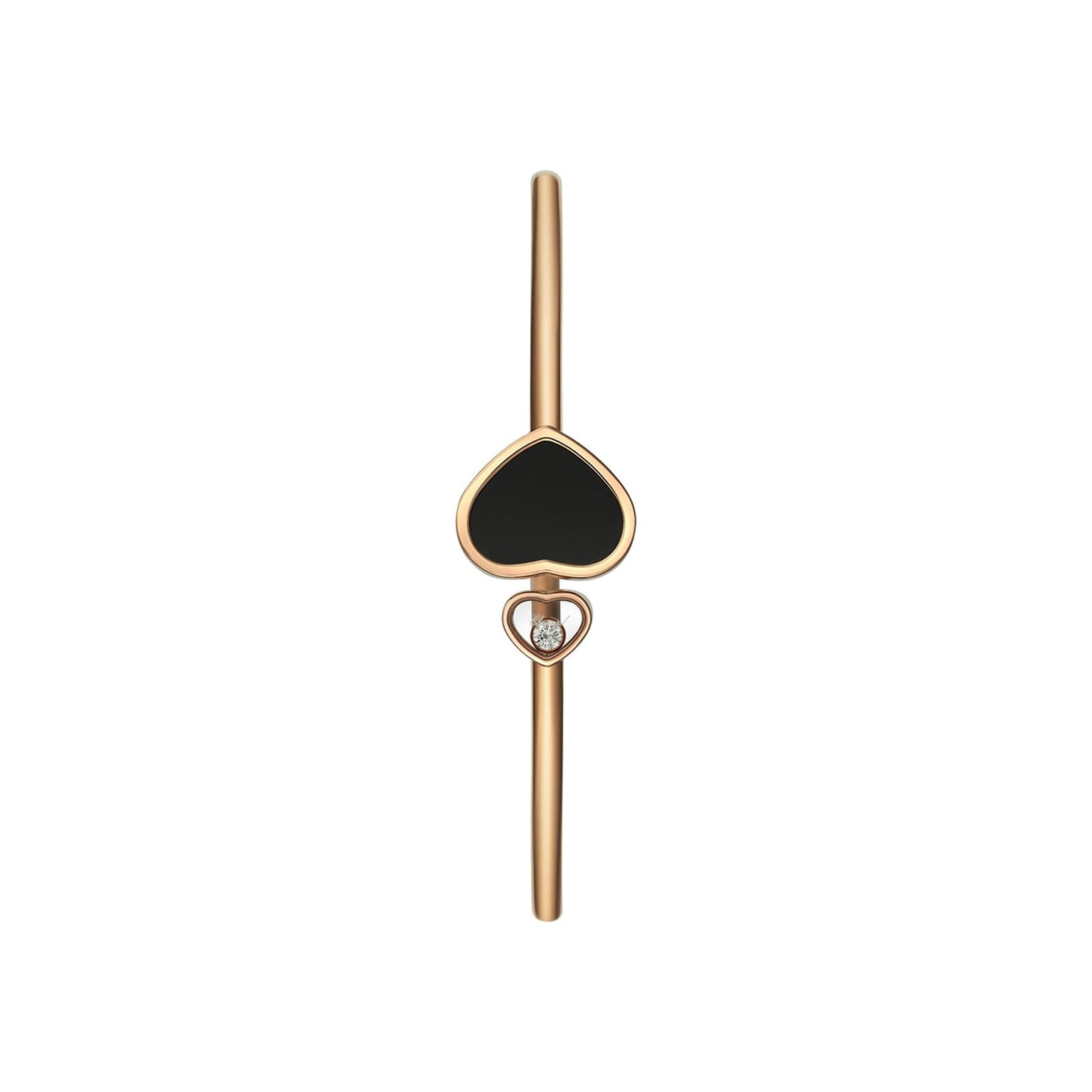 The Chopard Happy Hearts gold bar earring features a black spade shape and a small heart with a central diamond.