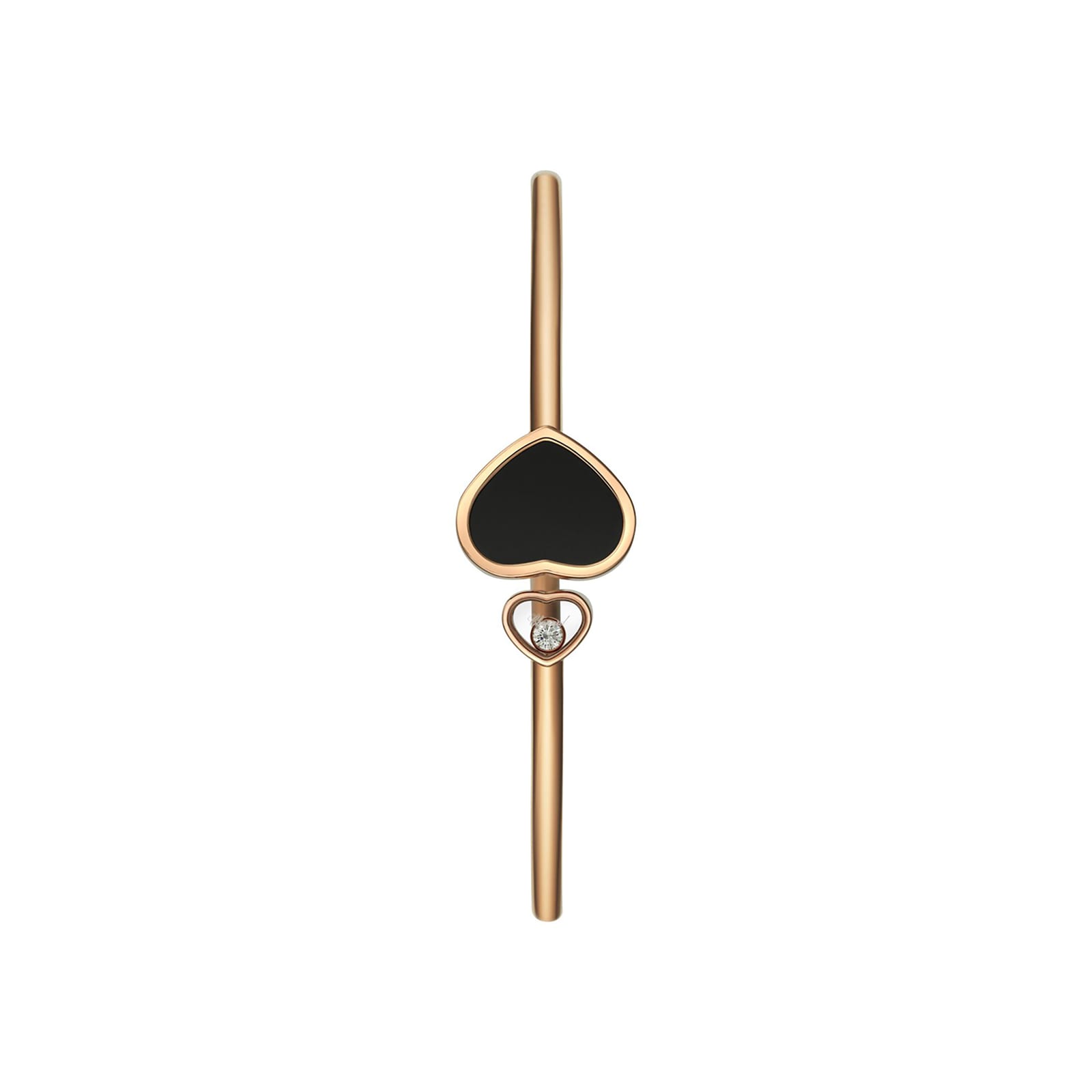 The Chopard Happy Hearts gold bar earring features a black spade shape and a small heart with a central diamond.