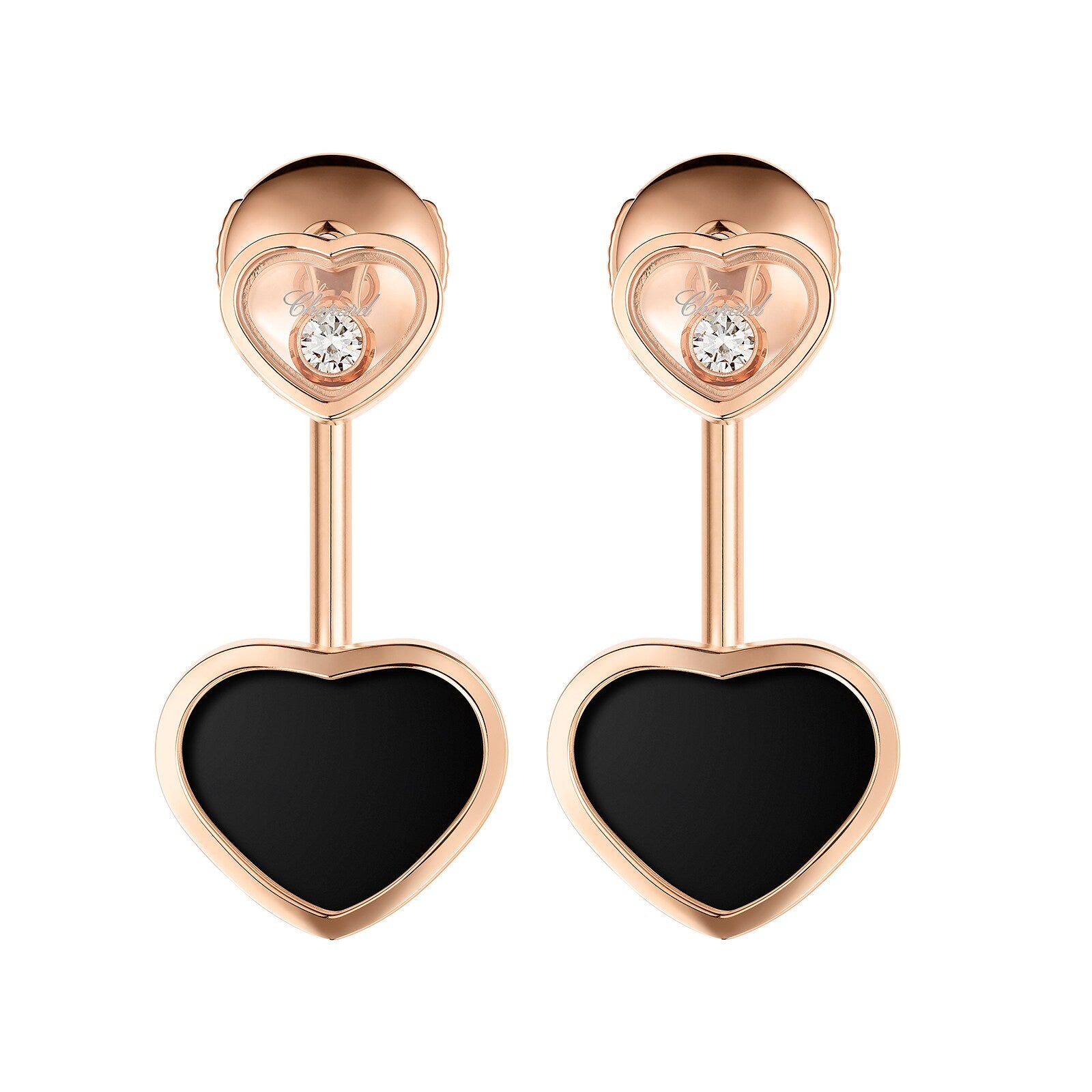 Chopard Happy Diamonds rose gold earrings feature black heart pendants with small clear stones set above each heart.