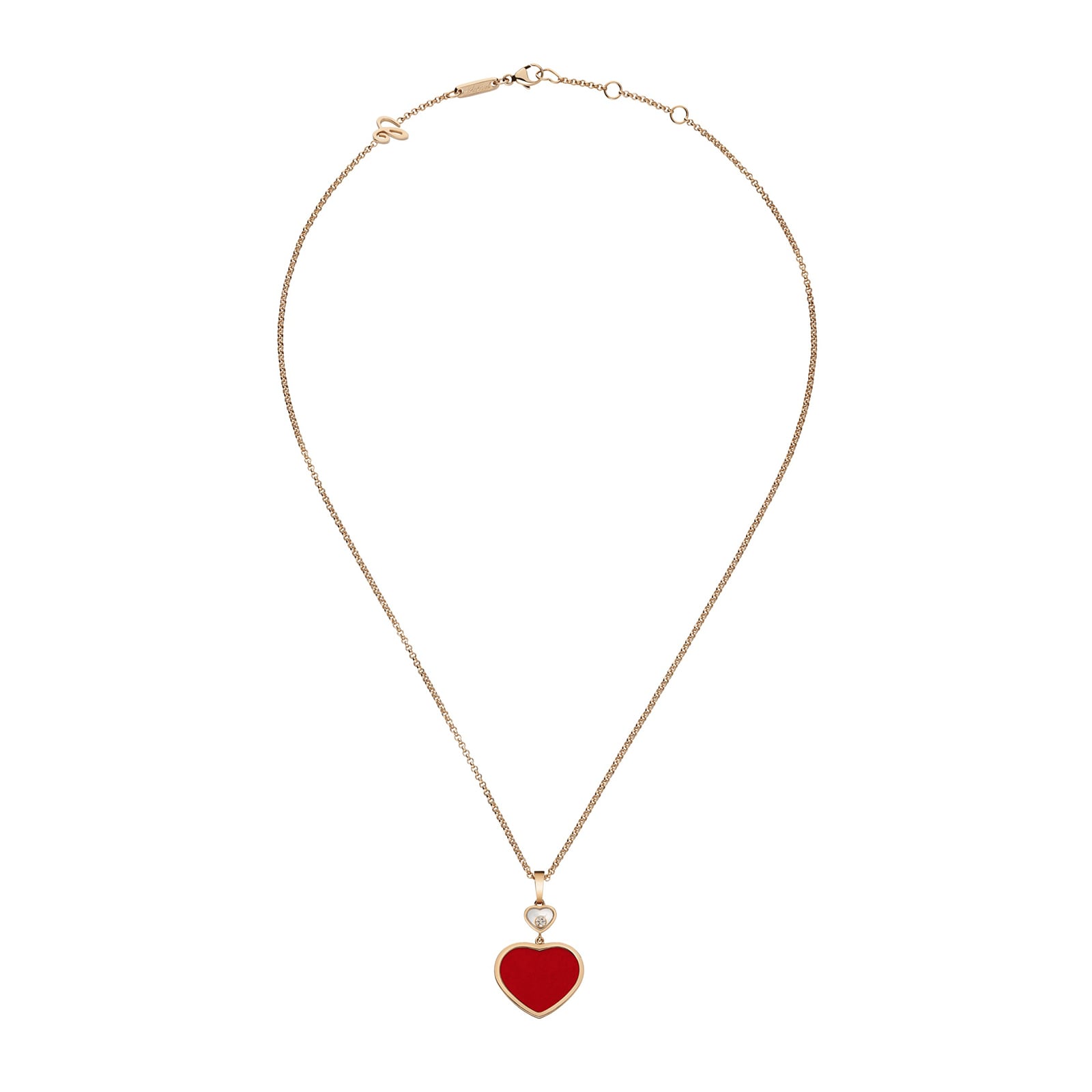 The Chopard Happy Hearts necklace features a delicate 18ct rose gold chain with a striking red heart-shaped pendant at the center.
