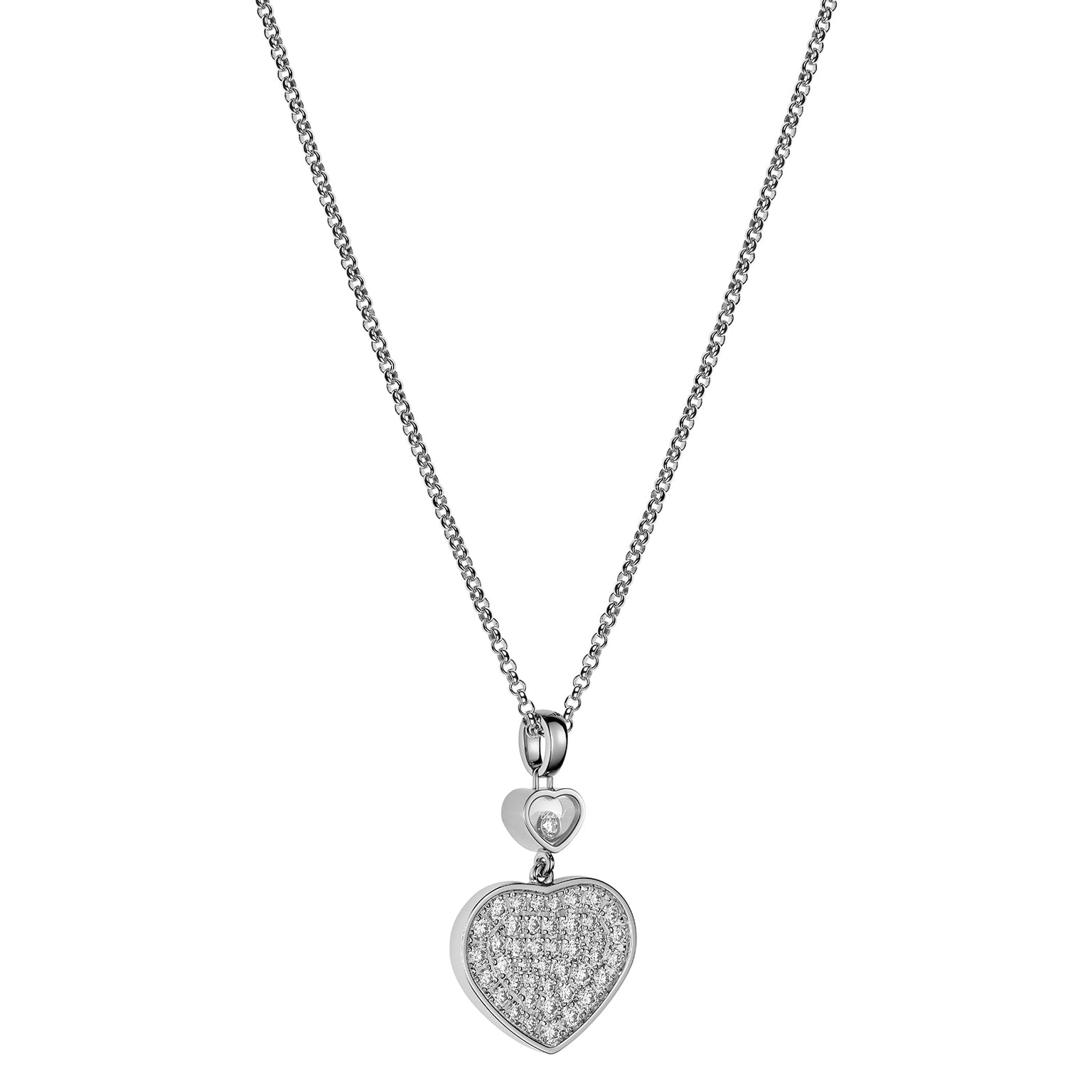The Chopard Happy Diamonds Planet necklace features a heart-shaped pendant with small diamonds, a smaller heart, and a signature moving diamond above the main pendant.