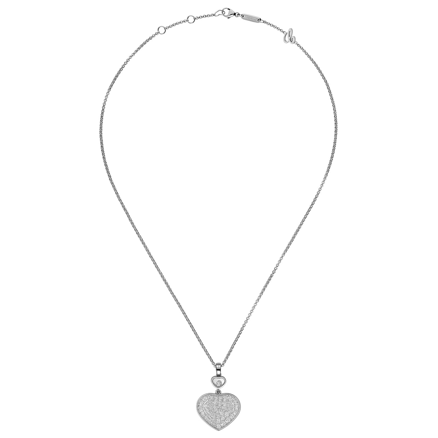 Chopards Happy Diamonds Planet necklace features a fine chain with a heart-shaped pendant adorned with clear stones and moving diamonds, displayed on a white background.