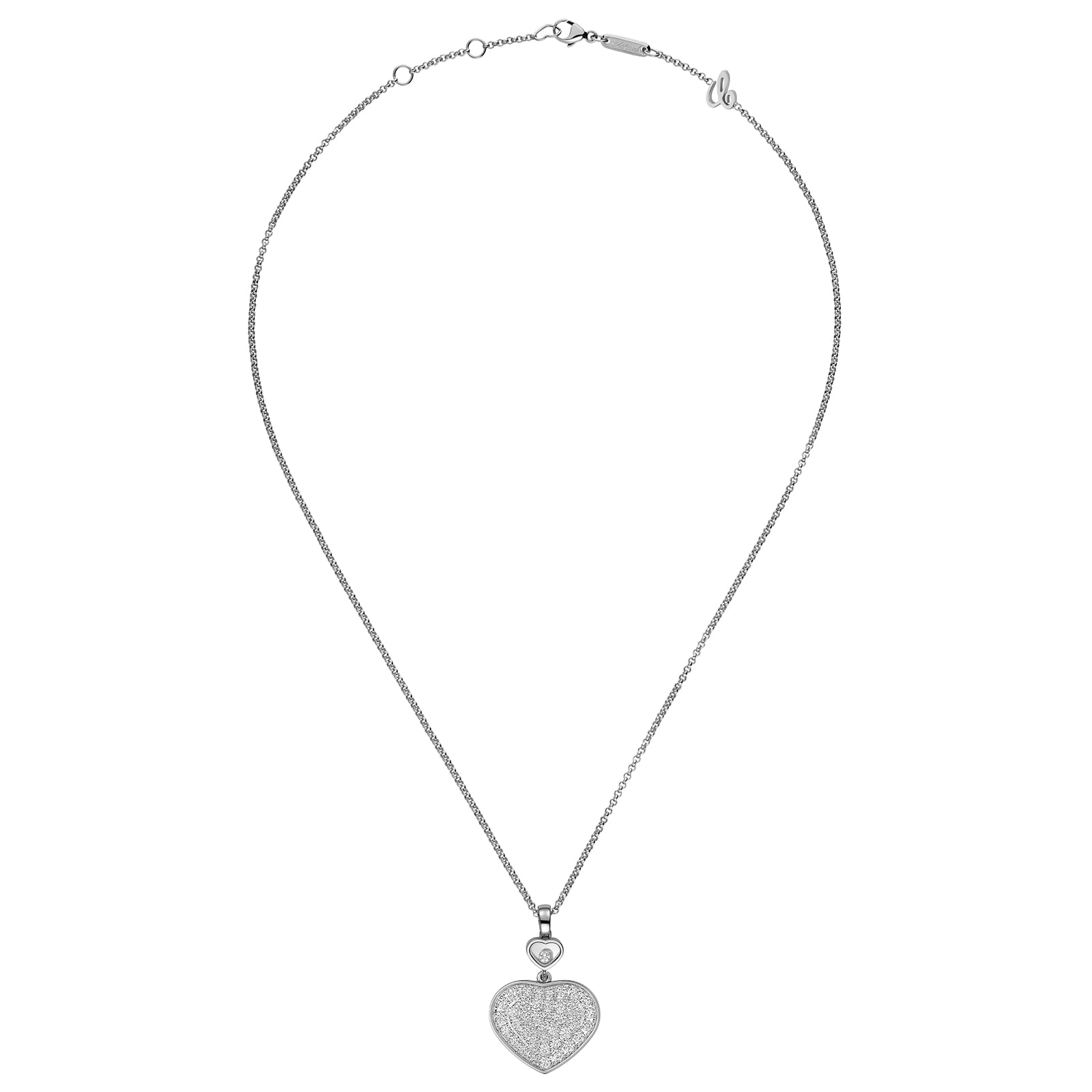Chopards Happy Diamonds Planet necklace features a fine chain with a heart-shaped pendant adorned with clear stones and moving diamonds, displayed on a white background.