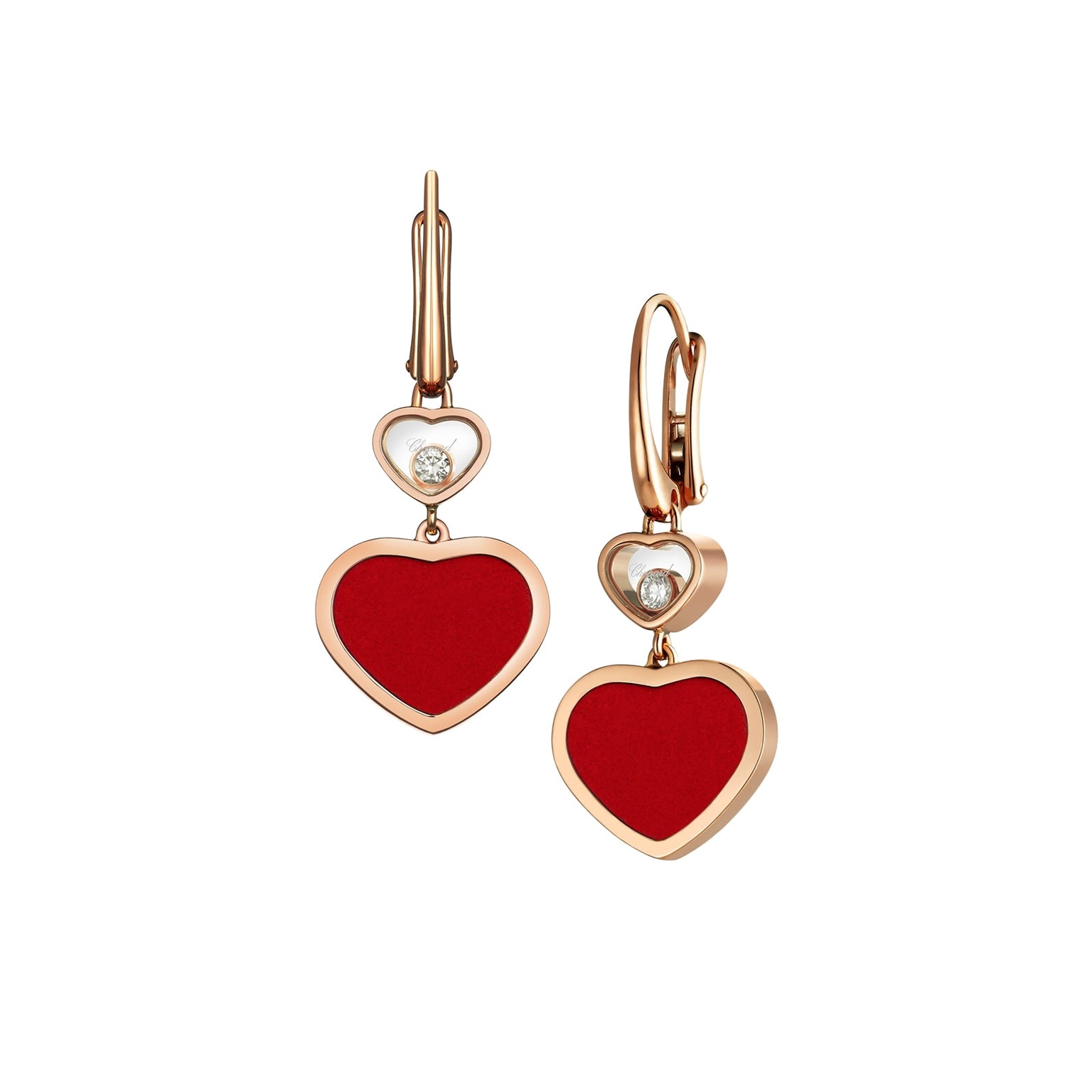 Chopard Happy Hearts rose gold earrings feature red heart-shaped pendants and small white stones above each heart, displayed on a white background.