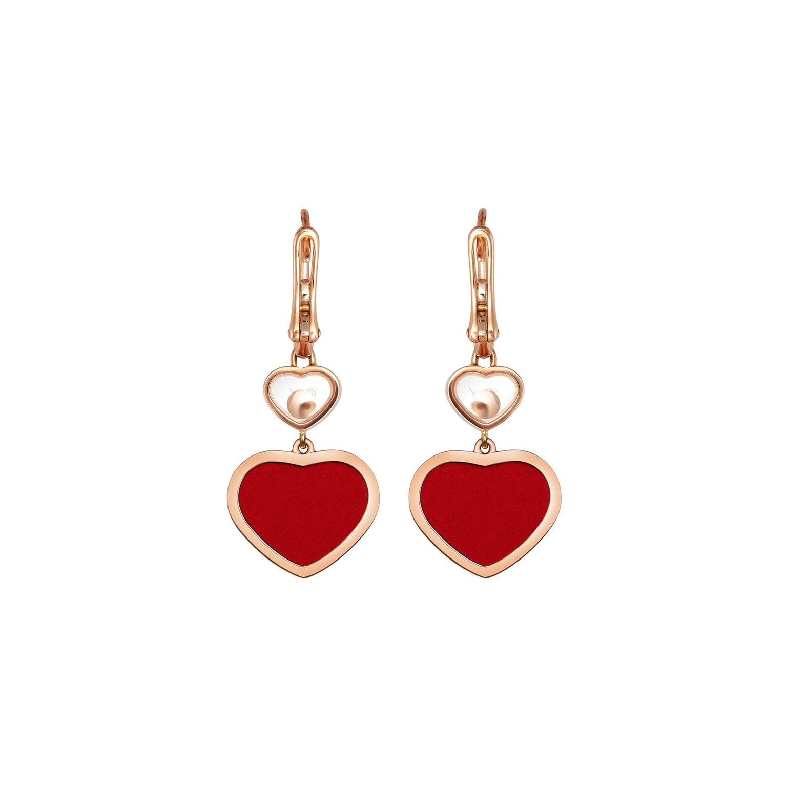A pair of Chopard Happy Hearts gold drop earrings with small white hearts above larger red heart-shaped pendants, shown on a white background.