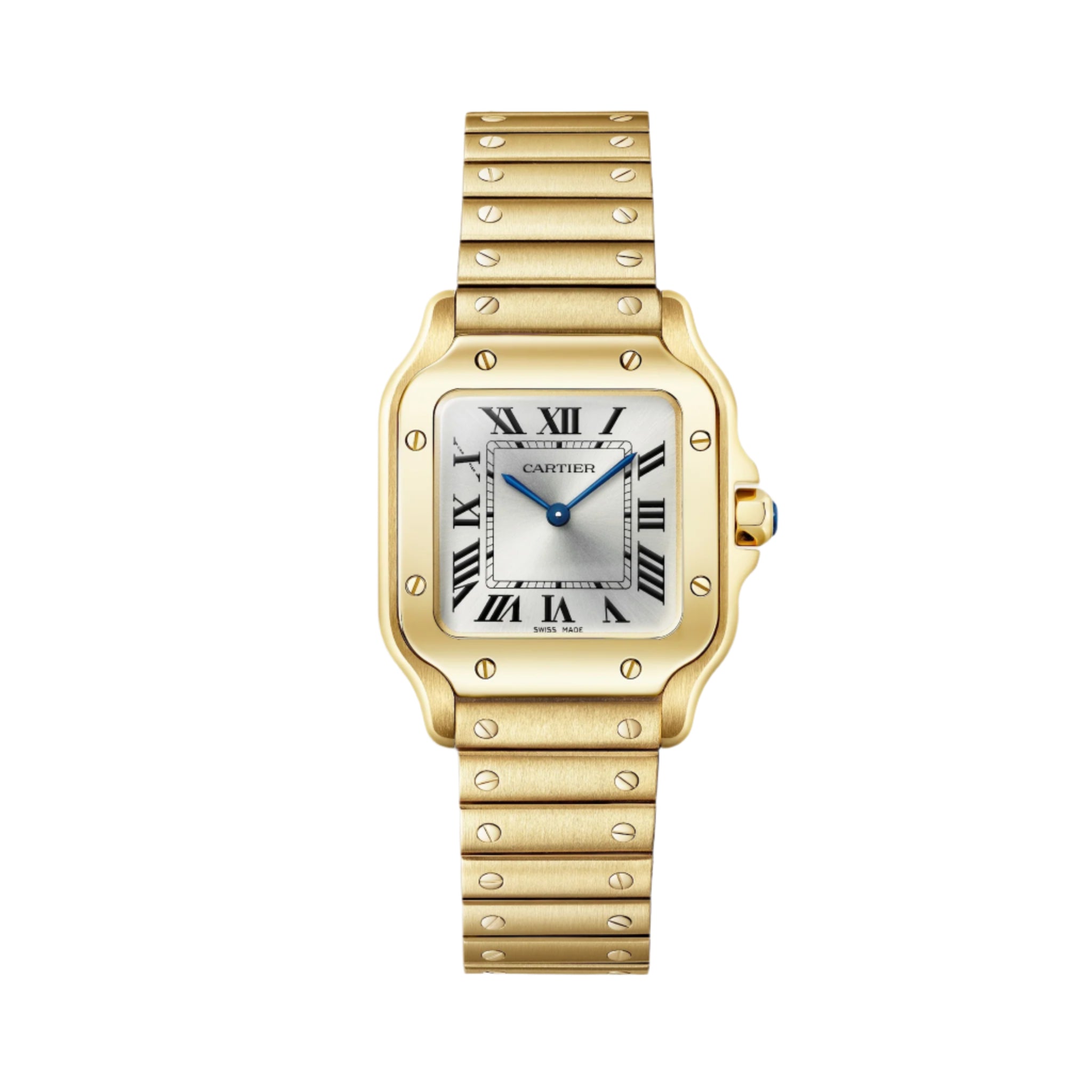 Santos De Cartier Watch by Cartier featuring a square face with Roman numerals and a metal link bracelet, shown on a white background.