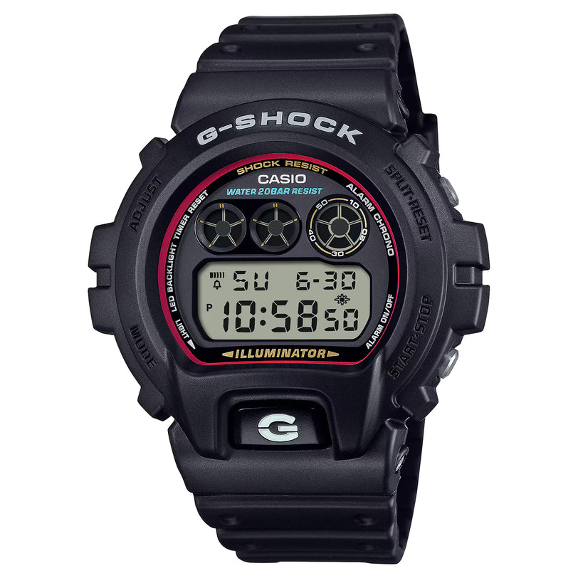 Black Casio G-Shock digital watch with red bezel, LCD display, and black resin band.