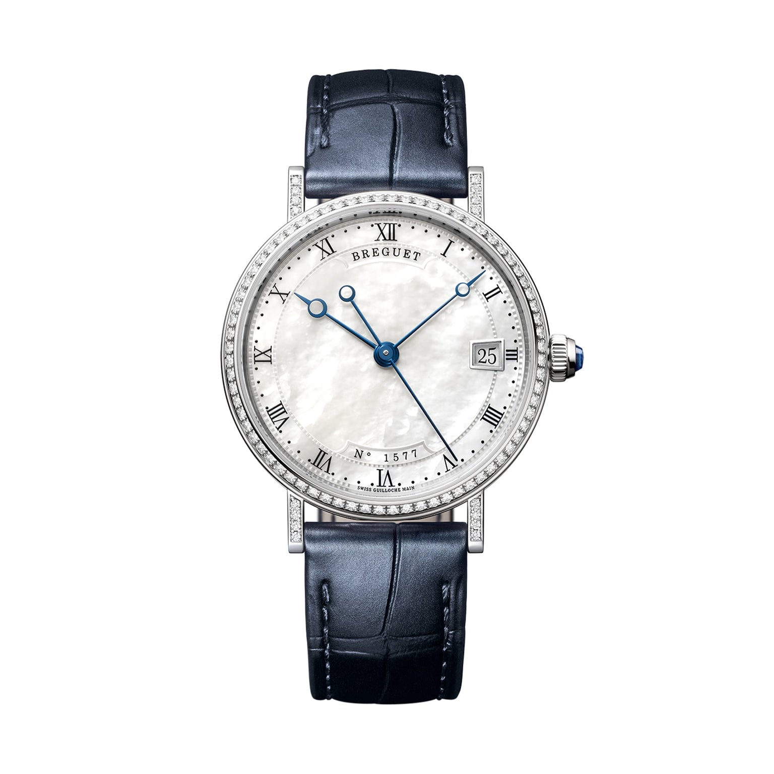 The Breguet Classique 9068 is a luxury white gold wristwatch with a white mother-of-pearl dial, Roman numerals, blue hands, date display, diamond bezel, and a black leather strap.