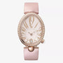 The Breguet Reine de Naples 8918 is an elegant watch with an oval, diamond-encrusted face, gold-tone numerals, a light pink leather strap, and off-center crown—perfect for showcasing feminine refinement.