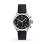 The Breguet Type 20 Chronographe 2057 features a black leather strap, black dial with luminous hands and numerals, silver case, two side pushers, self-winding movement, and displays the Breguet brand name on the dial.