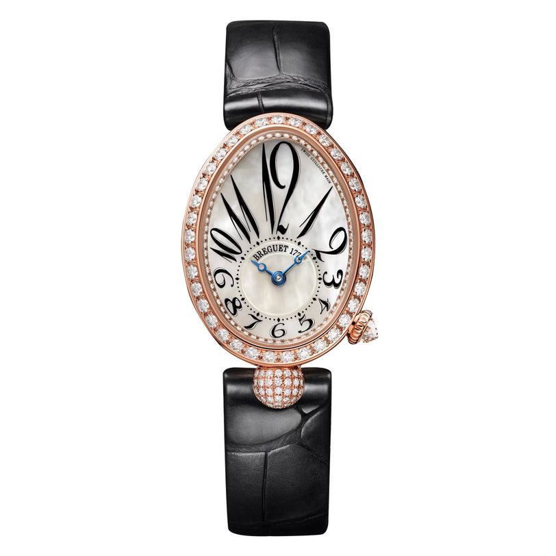 The Breguet Reine de Naples 8918 is an oval luxury wristwatch featuring a diamond-encrusted bezel, mother-of-pearl dial, black numerals, blue hands, and black leather strap—a showcase of refined Swiss craftsmanship.