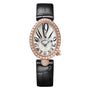 The Breguet Reine de Naples 8918 is an oval luxury wristwatch featuring a diamond-encrusted bezel, mother-of-pearl dial, black numerals, blue hands, and black leather strap—a showcase of refined Swiss craftsmanship.