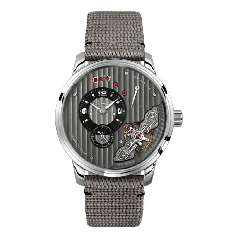 The PanoInverse by Glashütte Original features a silver case, gray textured strap, exposed gears, and two black subdials on a vertically striped gray face—a standout of modern German watchmaking.