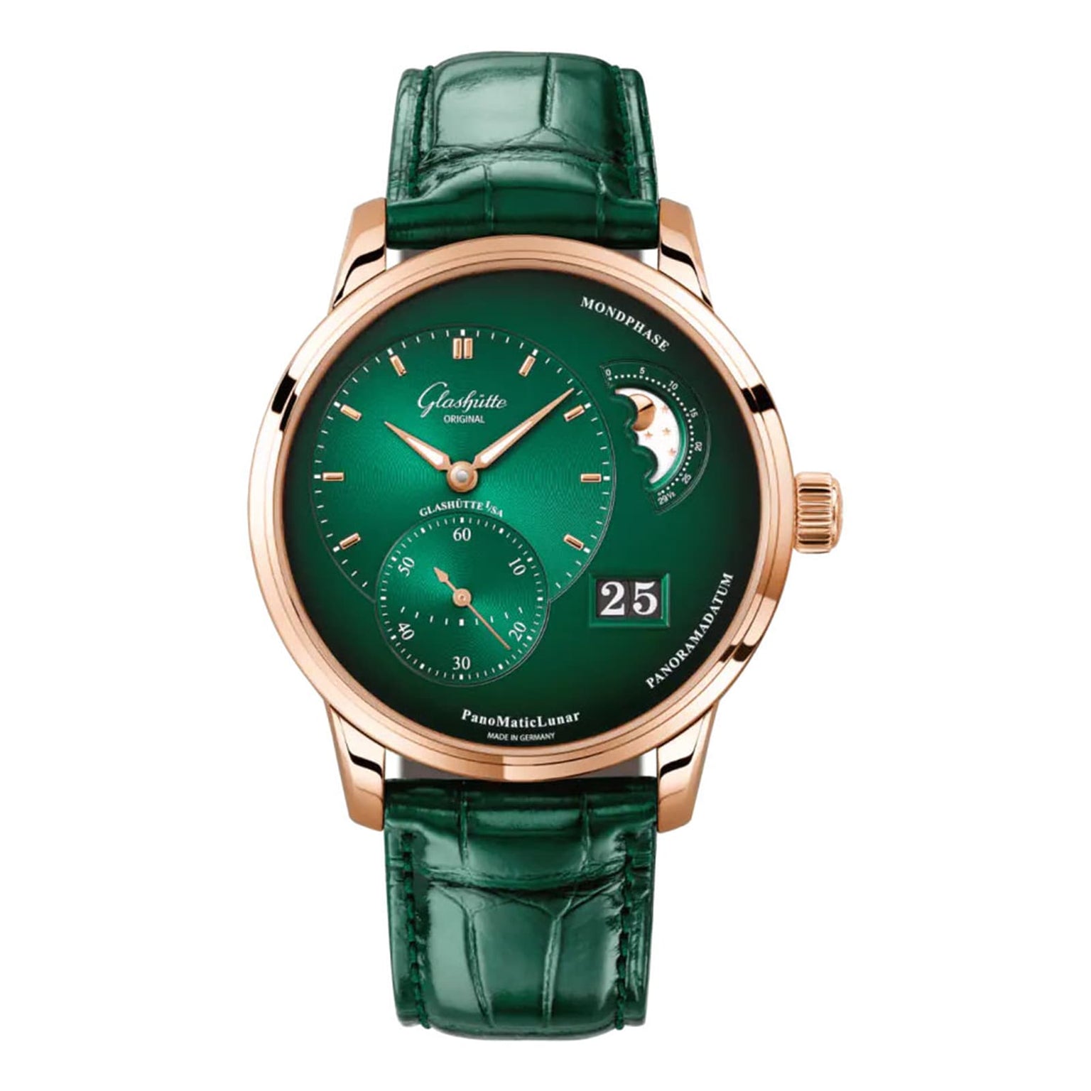 The Glashütte Original PanoMaticLunar is a luxury watch from the Pano Collection with a green dial, leather strap, rose gold case, date display, subdials, and moon phase—exemplifying German watchmaking excellence.