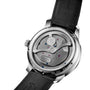 Back view of the Glashütte Original PanoLunarInverse, highlighting its intricate mechanics, engraved details, and visible gears, paired with a black leather strap.