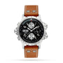 The Hamilton Khaki Aviation X-Wind Auto Chrono is a stainless steel pilot’s watch featuring a black dial, brown leather strap, automatic movement, three subdials, and a day-date display.