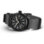 The Hamilton Khaki Field Mechanical wristwatch features a black dial with white numerals and a gray NATO strap, shown against a white background.
