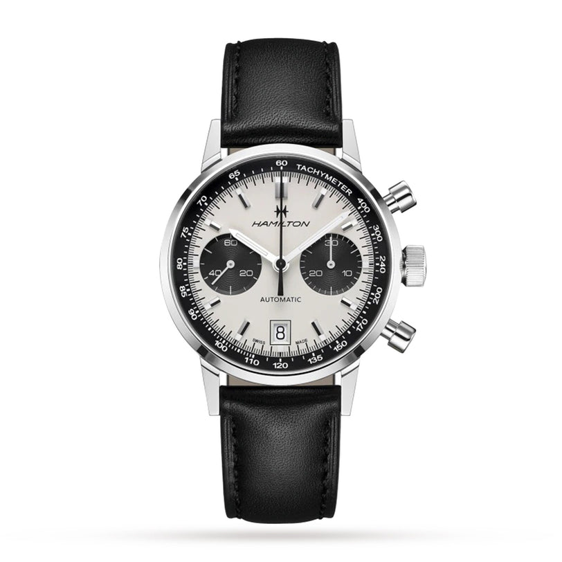 The Hamilton American Classic Intra-Matic Auto Chrono is a silver chronograph with a black leather strap and two black subdials on a white dial.