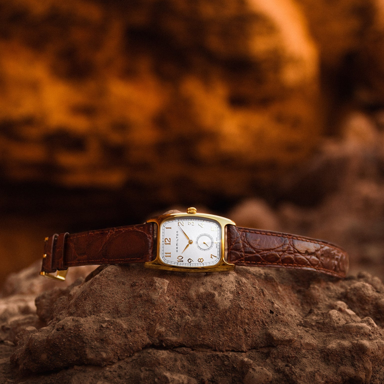 A Hamilton American Classic Boulton Quartz wristwatch with a brown leather strap rests on rocks, set against a blurred, warm-toned background that emphasizes its Swiss precision and timeless elegance.
