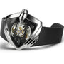 The Hamilton Ventura XXL Skeleton Auto wristwatch features a black strap, triangular case, and precision cut-outs that reveal its exposed mechanical movement on an extra-large dial.