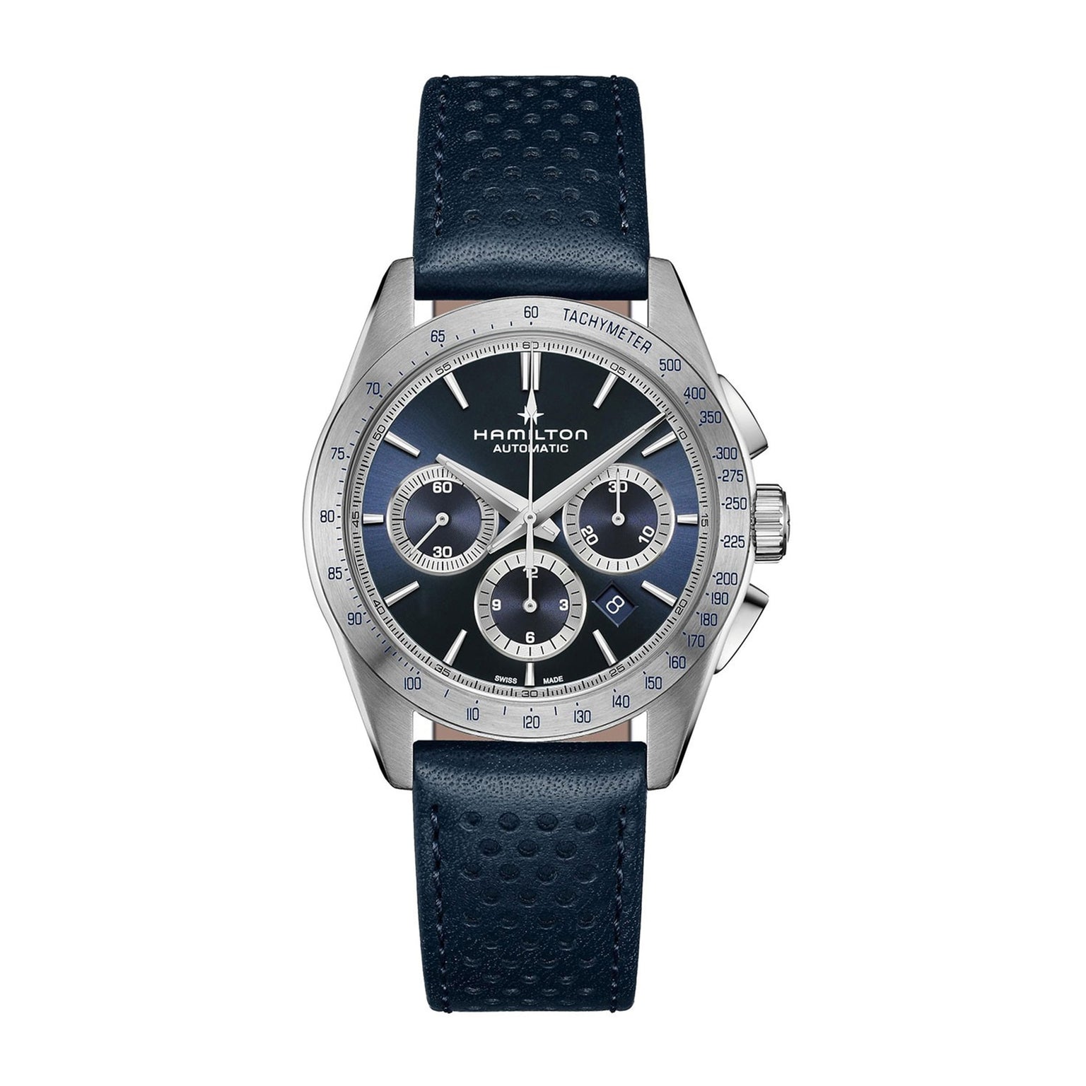 The Hamilton Jazzmaster Performer Auto Chrono features a blue dial with three subdials, angled date display, tachymeter bezel, and textured blue leather strap—exemplifying refined craftsmanship.