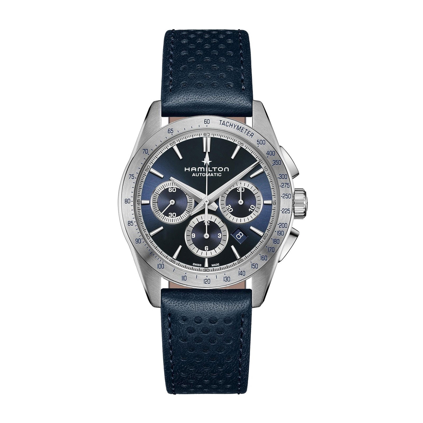 The Hamilton Jazzmaster Performer Auto Chrono features a blue dial with three subdials, angled date display, tachymeter bezel, and textured blue leather strap—exemplifying refined craftsmanship.