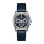 The Hamilton Jazzmaster Performer Auto Chrono features a blue dial with three subdials, angled date display, tachymeter bezel, and textured blue leather strap—exemplifying refined craftsmanship.