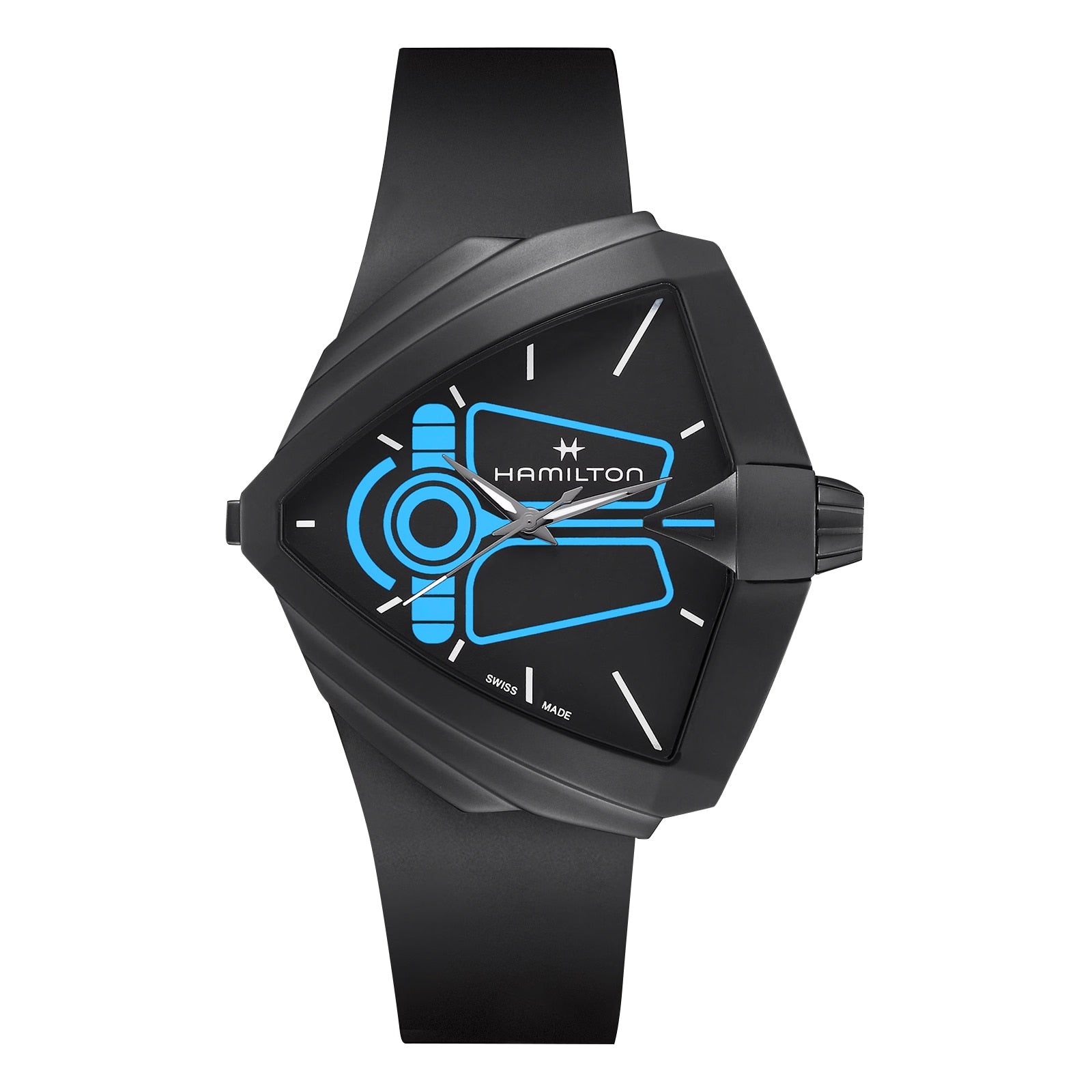 The Hamilton Ventura XXL Bright Dune Limited Edition features a black triangular case, black strap, blue circuit-inspired dial, and comes in special commemorative packaging.