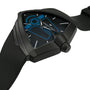 The Hamilton Ventura XXL Bright Dune Limited Edition wristwatch, featuring a futuristic black triangular case, blue accents, a rubber strap, and exclusive commemorative packaging, is displayed at an angle on a white background.