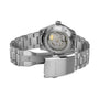 The Hamilton Khaki Field Murph 38mm wristwatch features a stainless steel case, open clasp, and a transparent case back that reveals the automatic movement inside.