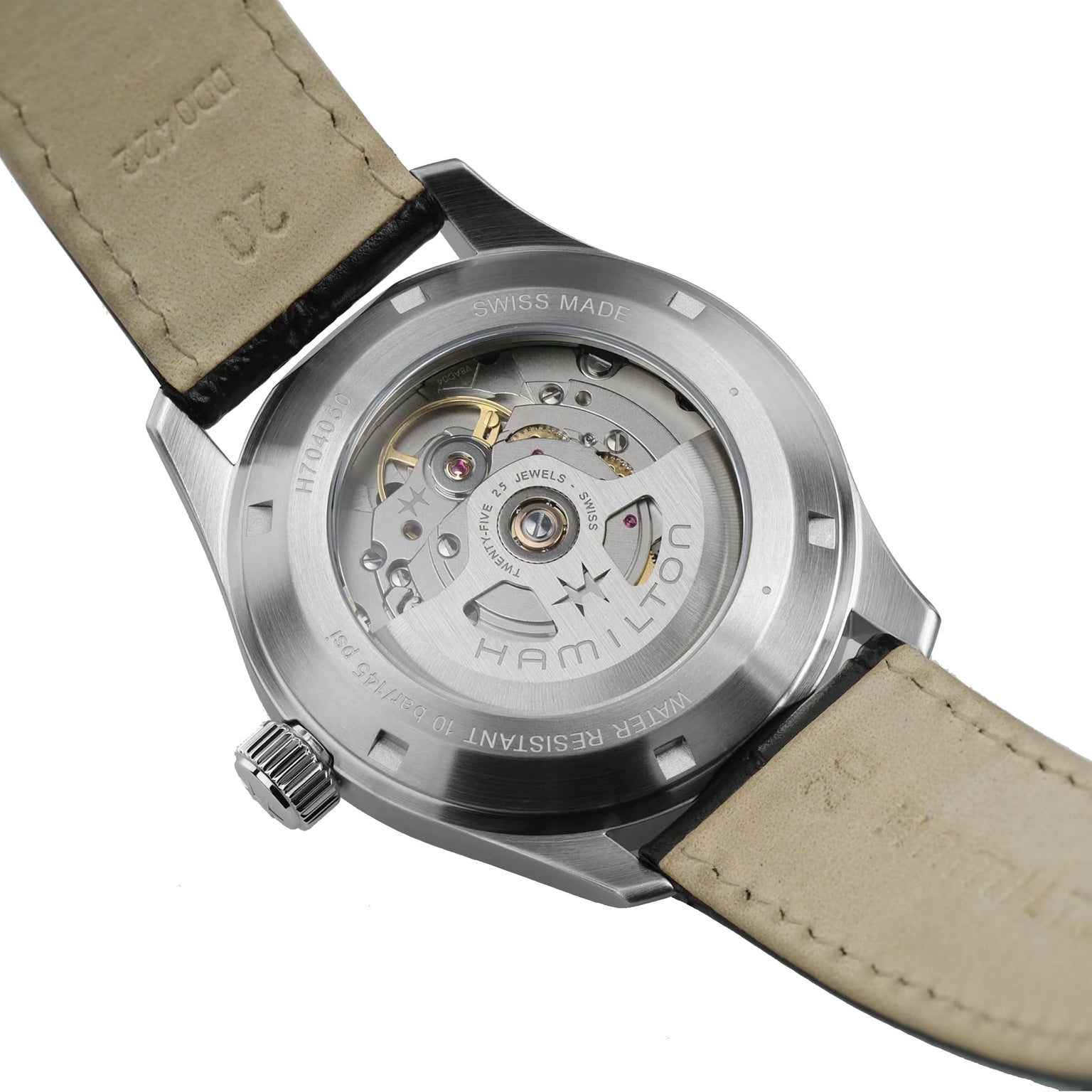 Close-up of the Hamilton Khaki Field Murph 38mm, highlighting its transparent case back and visible mechanical movement—a must-see feature for Hamilton fans.