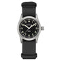 The Hamilton Khaki Field Quartz 33mm features a black dial with white numerals and a gray NATO strap, highlighting its military-inspired heritage against a clean white background.
