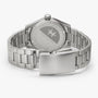 Back view of the Hamilton Khaki Field Quartz 38mm wristwatch featuring a silver metal bracelet and engraved Hamilton logo on the case and clasp.