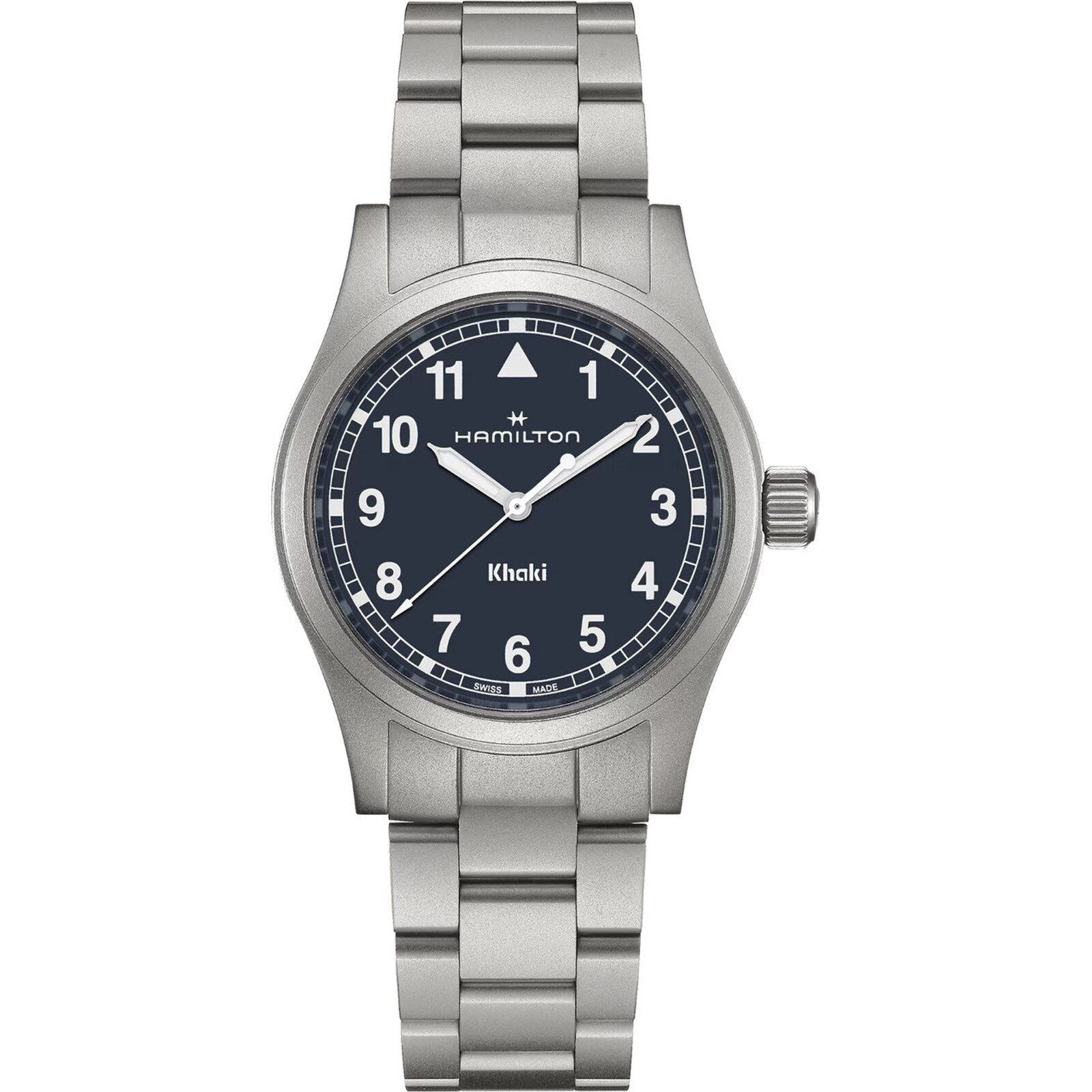 Hamilton Khaki Field Quartz 38mm wristwatch featuring a silver case, black dial with Arabic numerals, and a metal link bracelet.