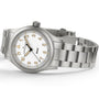 The Hamilton Khaki Field Quartz 33mm wristwatch features a white dial with gold numerals and a metal link bracelet, displayed at an angle.