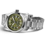 The Hamilton Khaki Field Auto 38mm is a stainless steel wristwatch featuring a green dial, metal bracelet, and displays both time and date.