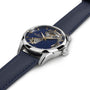 The Hamilton Jazzmaster Open Heart Lady Auto features a blue leather strap and a partially open-worked blue dial, elegantly showcasing its automatic movement and refined silver accents—a sophisticated choice for dress watch enthusiasts.