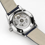 Rear view of the Hamilton Jazzmaster Open Heart Lady Auto, featuring its automatic movement visible through a transparent case back, elegant engravings, and a refined leather strap.