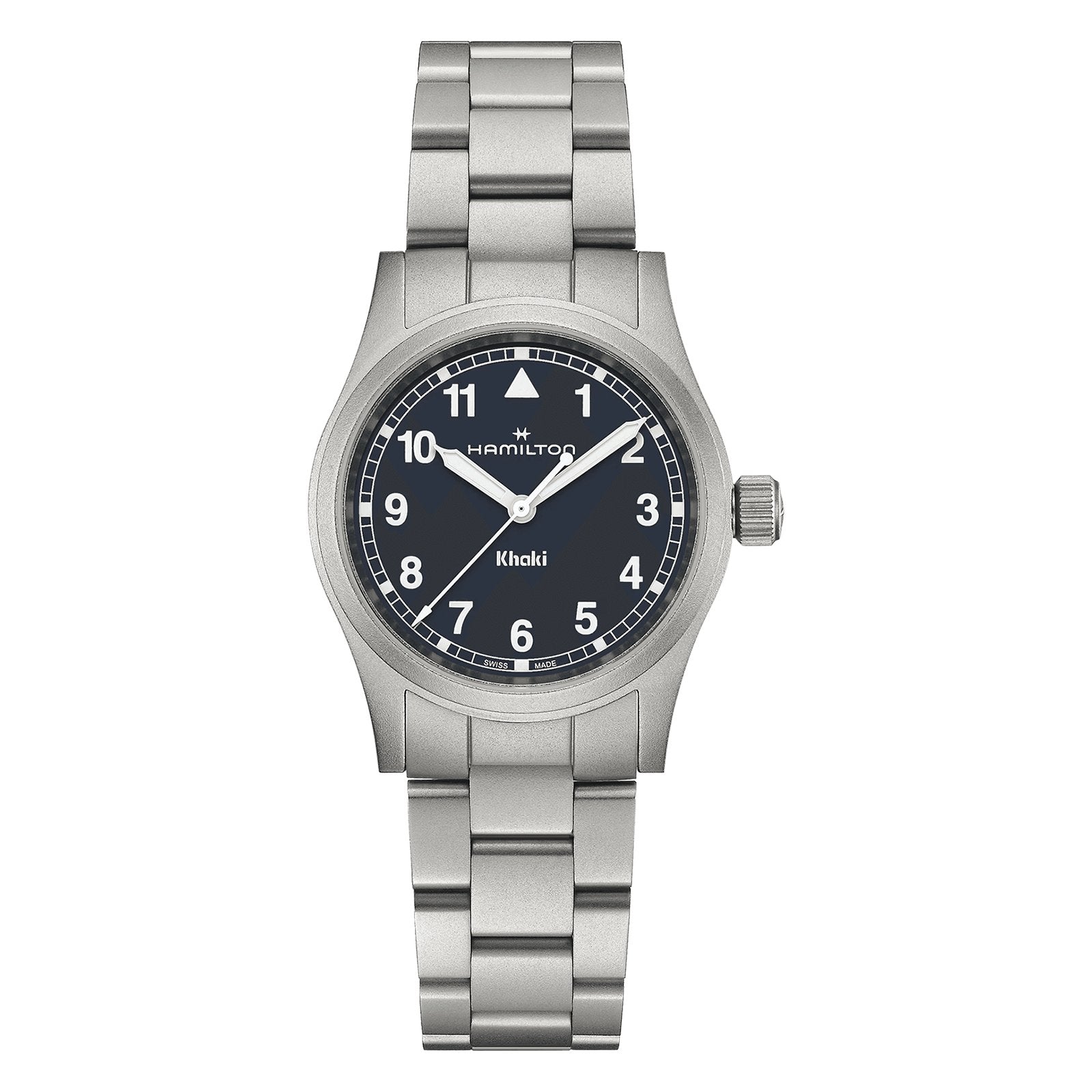 The Hamilton Khaki Field Quartz 33mm features a stainless steel case, black dial with white Arabic numerals, and a metal link bracelet.
