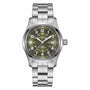 The Hamilton Khaki Field Auto 42mm features a stainless steel case, green dial with white numerals, H-10 automatic movement, date at 3 oclock, and a metal bracelet—reflecting the brands military heritage.