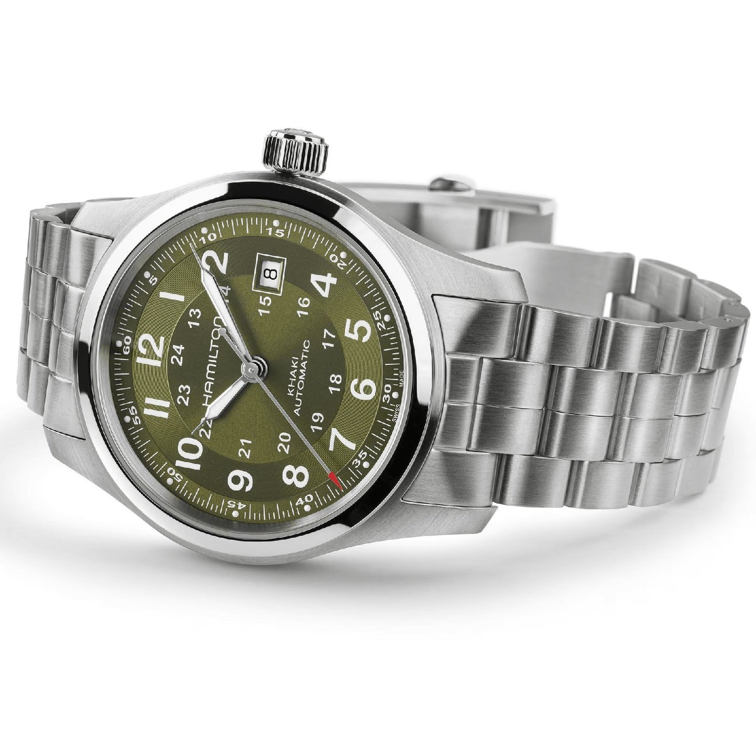 The Hamilton Khaki Field Auto 42mm features a stainless steel case, olive green dial with silver hour markers, H-10 automatic movement, date at 3 oclock, and metal link bracelet. Photographed on a white background. Military-inspired design.