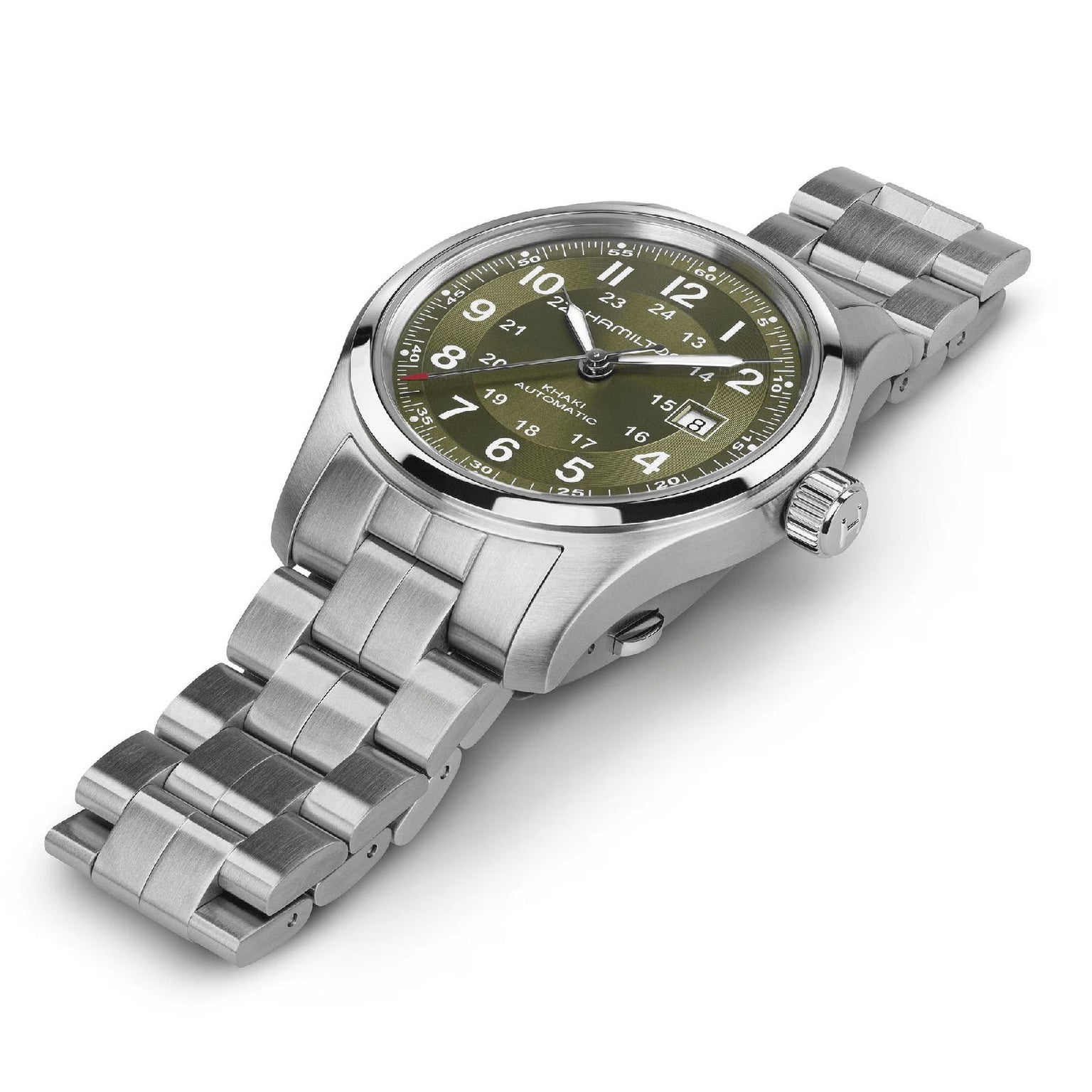The Hamilton Khaki Field Auto 42mm features a stainless steel case, olive green dial with white numerals, date at 3 o’clock, metal link bracelet, and runs on the reliable H-10 automatic movement—echoing its military heritage.