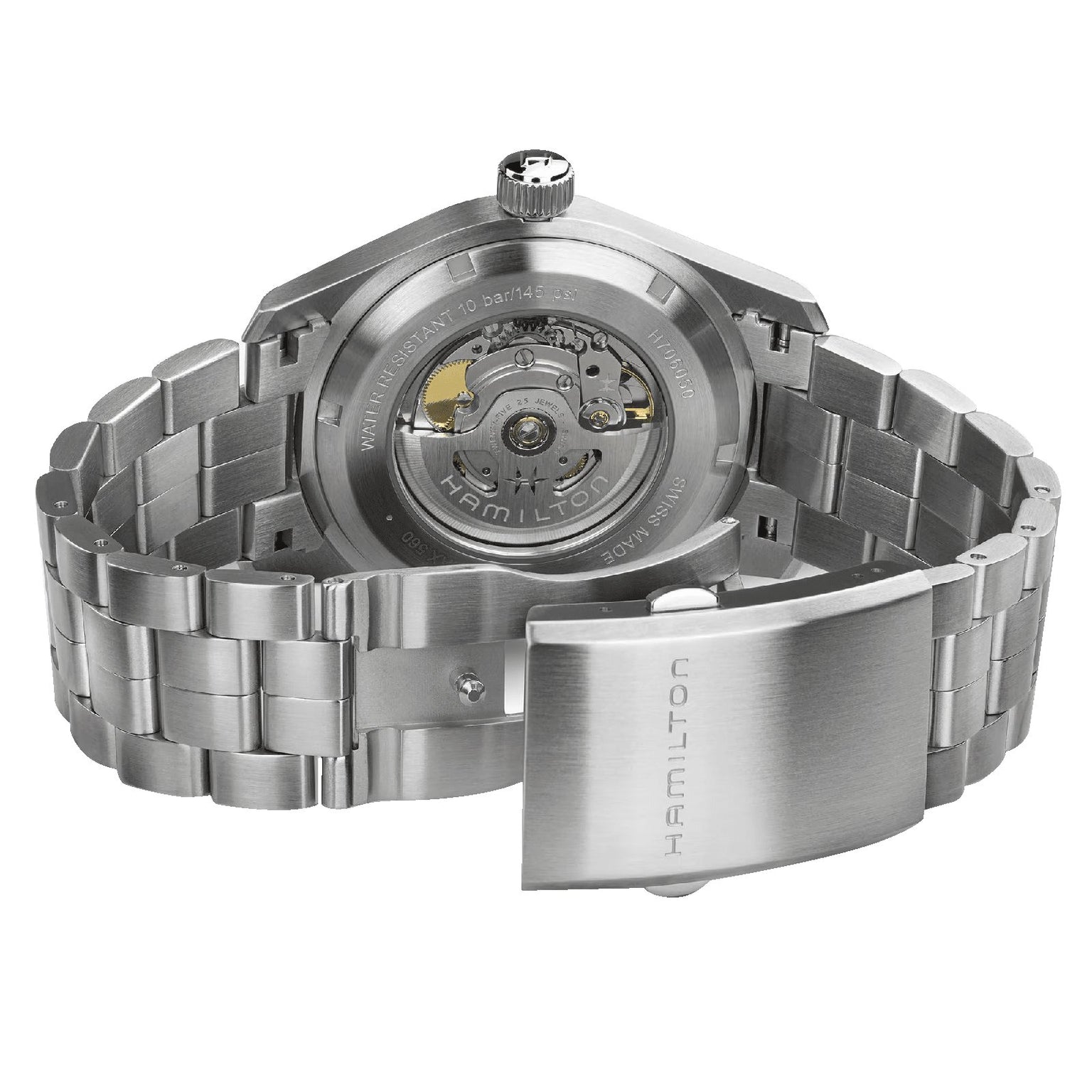 Back view of the Hamilton Khaki Field Auto 42mm, featuring a stainless steel case, open caseback, and precise H-10 automatic movement inspired by military heritage.